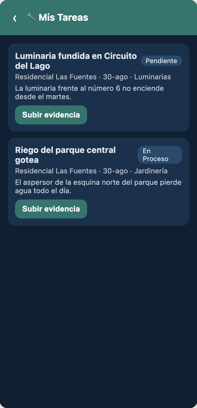 Mis Tareas del personal de mantenimiento: dos tareas con estado y bot&oacute;n de subir evidencia