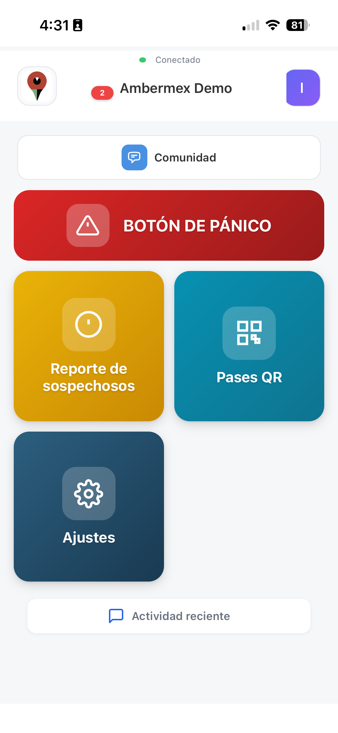 Pantalla de inicio de la app de residentes Amber, con los cuadritos de cada función