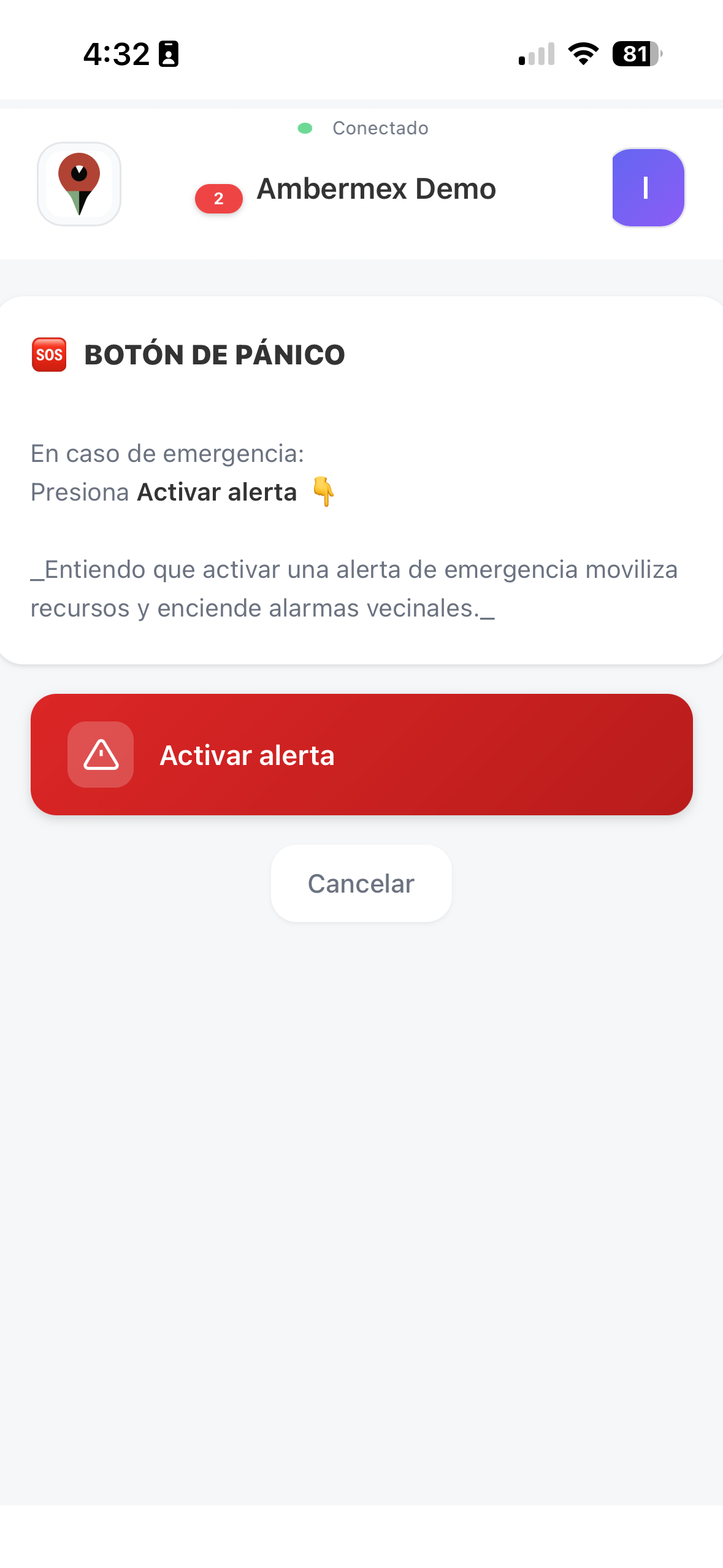 Pantalla de activación de alerta de emergencia en la app