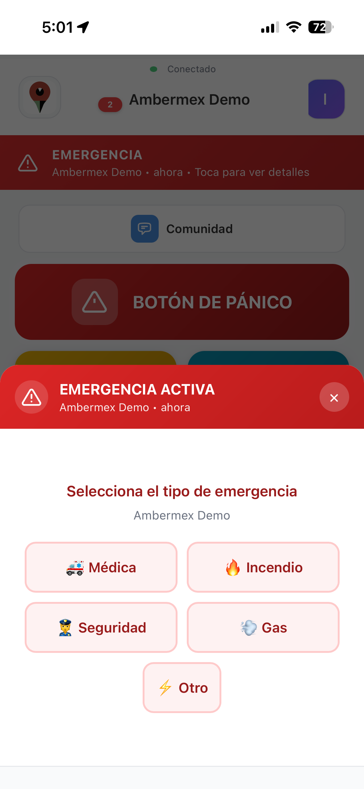 Selección de tipo de emergencia en la app
