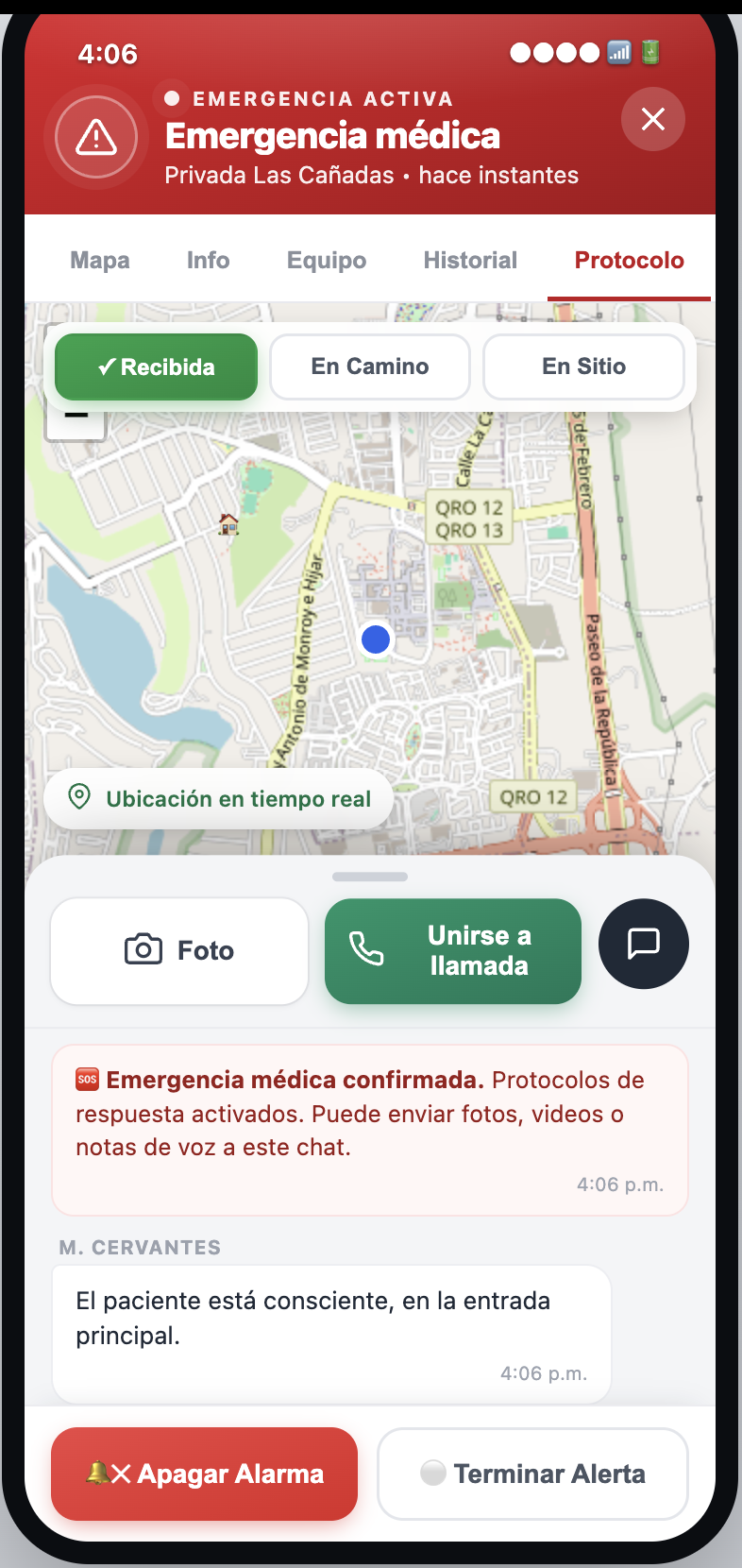 Modal de emergencia en la app — Recibida / En Camino / En Sitio