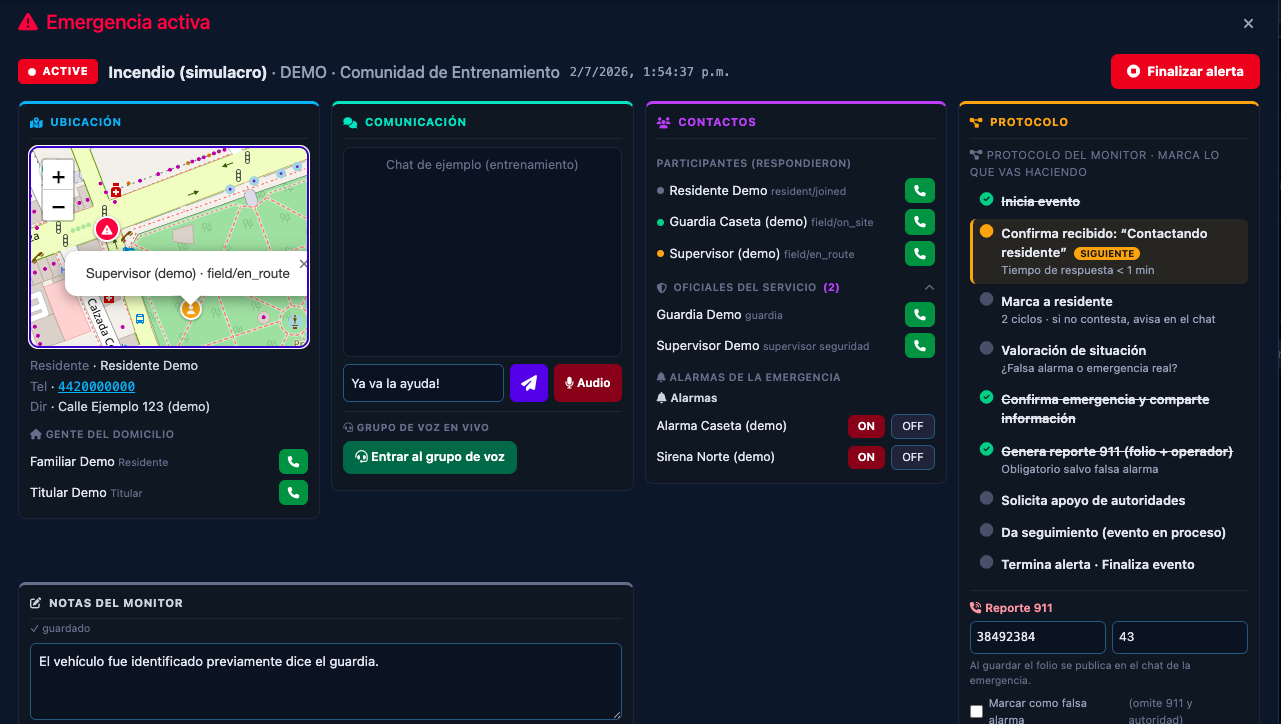 Emergencia activa en el panel — ubicación, comunicación, contactos y protocolo