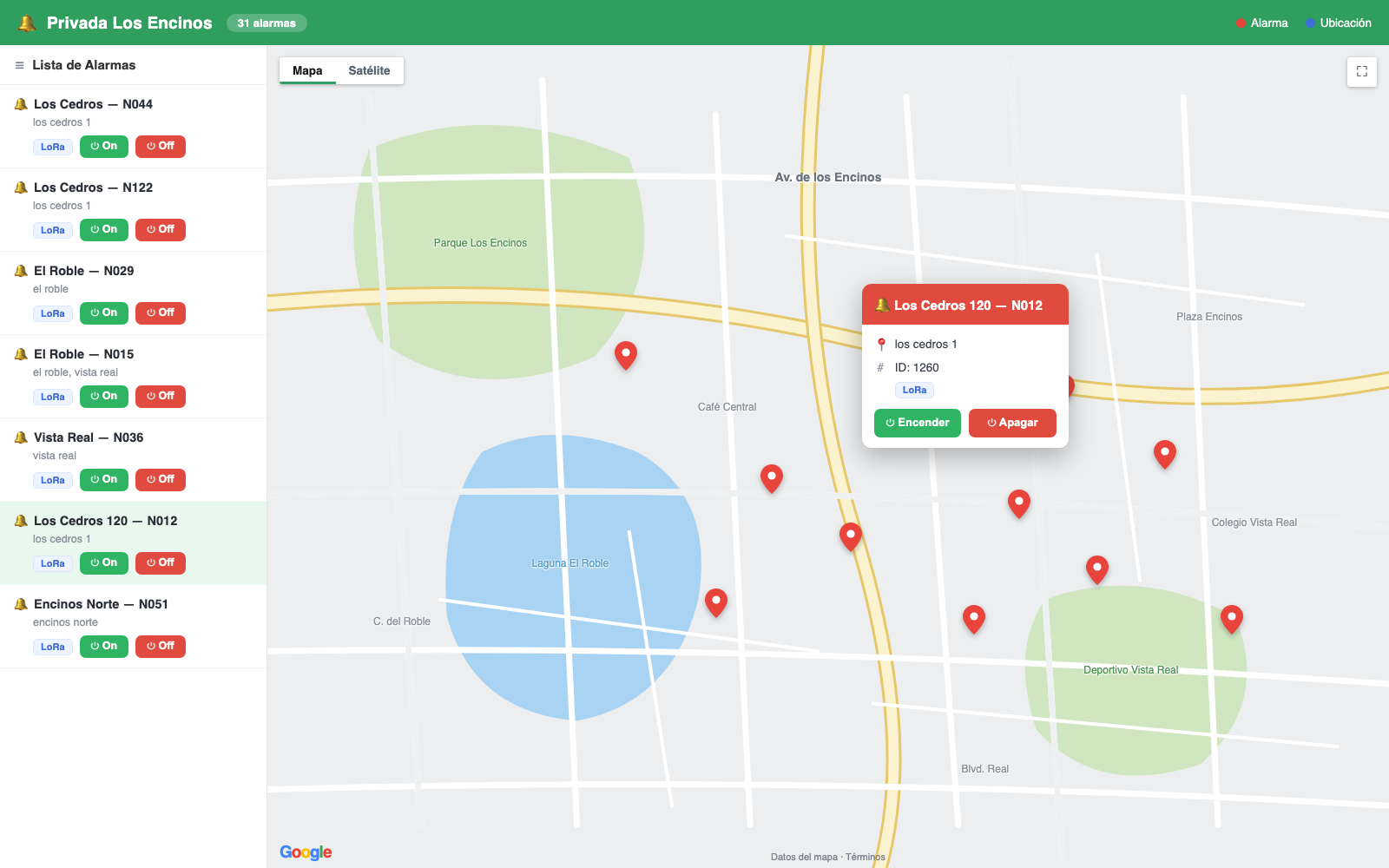 Red de alarmas — mapa de dispositivos armados/desarmados